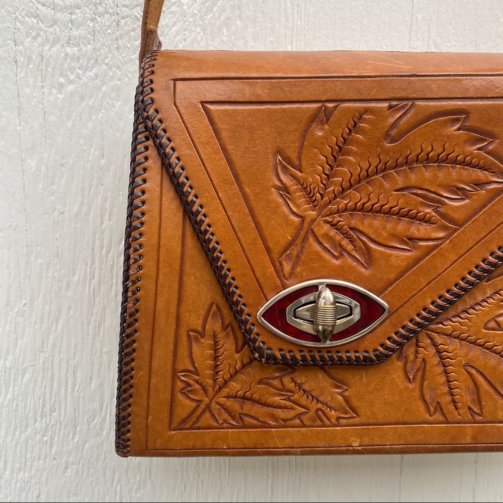 Vintage Tan Leaf Embossed Box Bag